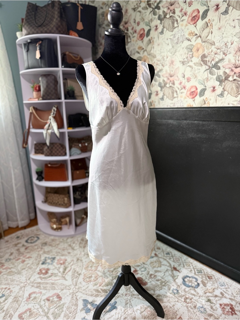 Victoria's Secret White Satin V-Back Chemise with Lace Hem